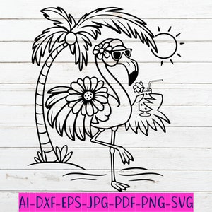 Floral flamant rose SVG, plage Svg, été Svg Png, animal Svg Png, flamant rose avec boisson, fleurs hawaïennes Svg, flamant rose en couches Svg Png