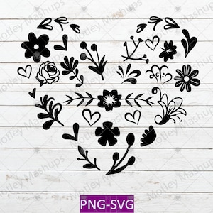 Corazón de flores Svg, Corazón floral Svg, Encanto campestre Svg, Corazón de texto dividido, Flores silvestres Svg, Garabatos de flores Svg Png, Naturaleza Svg Png, Boho Svg