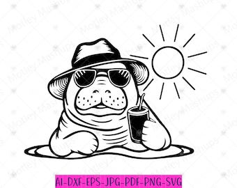 Funny Manatee Summer Clipart, Sea Animal SVG PNG (Digital Download)