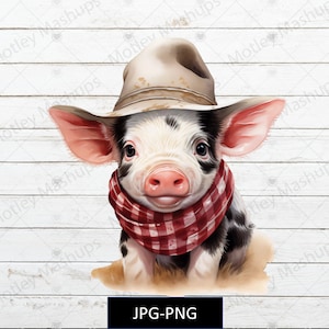 Baby Pig Watercolor PNG, Pig Clipart, Funny Cowboy Pig Bandana, Pig Illustration Print, Farm Png, Commercial Use, Country Png, Rural PNG