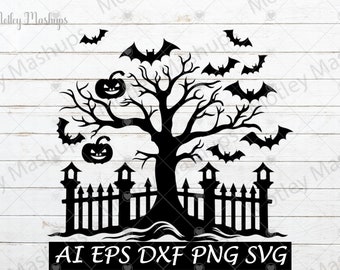 Halloween Scary Scene SVG, Pumpkin Svg, Bat Svg, Cut File Cricut, Commercial Use, Halloween Png