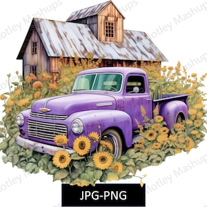 Rustic Lavender Farm Truck Sunflowers Barn Country Graphic, Old Farm Truck PNG Commercial Use Farmer Barnyard, Digital Design