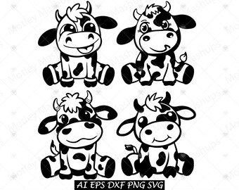 Funny Baby Cow Vector Bundle, Farm Animal SVG PNG (Digital Download)