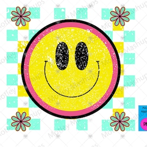 Cara sonriente retro PNG, Hippie PNG, Cara sonriente grunge PNG, Cara sonriente con flor, Verano PNG, Playa PNG, Vibras de verano PNG
