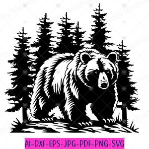 Svg d'ours grizzli marchant, scène de forêt d'ours. Faune sauvage, Svg en plein air, arbres à feuilles persistantes Svg png, Clipart ours, Animal Svg Png, Cricut, Naure