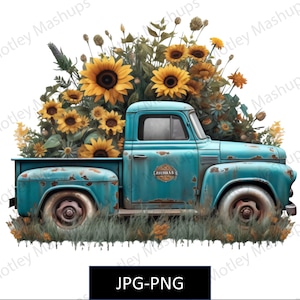 Rustic Blue Old Country Farm Truck Sunflowers PNG, Commercial Use Clipart, Vintage Blue Truck