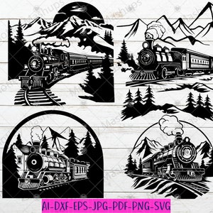 Paquete de tren locomotora SVG, clipart de tren, motor de vapor SVG, corte de Cricut, montaña SVG PNG, tren de vapor SVG PNG, clipart vectorial de locomotora