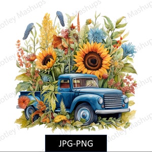 Rustic Blue Farm Pickup Truck Tall Sunflowers and Wildflowers Truck Country Farm Old Farm Truck PNG Commercial Use Digital Download