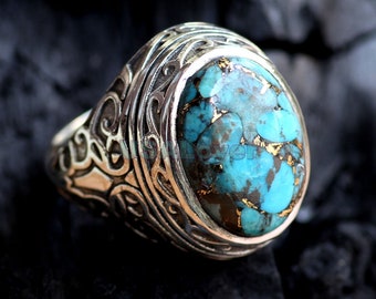 Nice Women Men Big Blue Copper Turquoise Gemstone Ring Jewelry Indian Jewelry~ Nice Women Men Big Blue Copper Turquoise Gemstone Ring Jewelry Indian Jewelry~