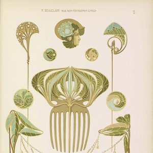 May include: A collection of Art Nouveau hair combs and pins with floral and geometric designs. The pieces are made of gold metal with green, blue, and white enamel accents. The image includes the text "R. BeauClair - Neue Ideen fur modernen Schmuck" and "Julius Hoffmann - Verlag - Stuttgart".