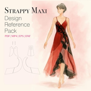 Op de afbeelding: Een digitale illustratie van een vrouw die een rode maxi-jurk draagt met zwarte en witte patronen. De jurk heeft een lage halslijn en dunne bandjes. De illustratie bevat een ontwerp-referentiepakket met PDF-, MP4-, EPS- en DXF-bestanden.
