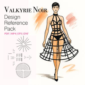 Puede incluir: Una ilustración en blanco y negro de una mujer con un vestido negro en forma de jaula con una falda negra. La ilustración se titula "VALKYRIE NOIR Design Reference Pack PDF | MP4 | EPS | DXF".