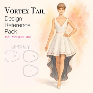 Könnte beinhalten: Aquarellillustration einer Frau in einem weißen Kleid mit High-Low-Saum und roter Verzierung. Das Kleid hat einen V-Ausschnitt und eine taillierte Taille. Der Text "Vortex Tail Design Reference Pack" steht oben.