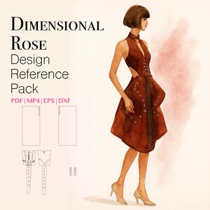 May include: Watercolor illustration of a fashion design reference pack. The image features a woman in a rust-colored dress with cut-out details and silver accents. The text "DIMENSIONAL ROSE Design Reference Pack" is displayed.
