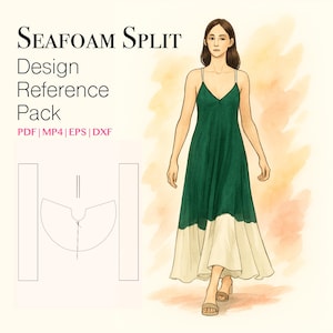 May include: Illustration of a woman wearing a green and cream-colored split dress with thin straps. The text "SEAFOAM SPLIT Design Reference Pack" is at the top, with file type options below. A design diagram is on the left.