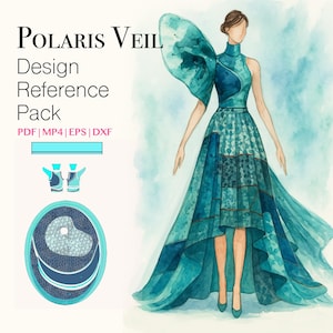Puede incluir: Una ilustración digital de una mujer con un vestido azul turquesa de cuello alto y una manga grande y fluida. El vestido tiene un diseño de patchwork con diferentes tonos de turquesa y azul. La ilustración se titula "Polaris Veil Design Reference Pack PDF | MP4 | EPS | DXF".