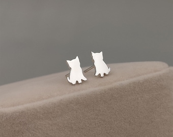 Hand-Stamped Initial Cat Stud Earrings  |Sterling Silver or Gold | Cat Earrings | Animal Earrings | Pet Jewelry | Kitty Earrings