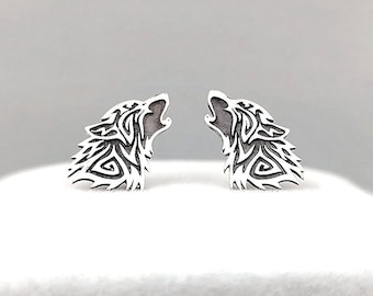 Artistic Wolf Earrings Sterling Silver - Tribal Wolf Jewelry - Oxidized Wolf Head - Wild Animal Jewelry -Mens Gothic Jewelry - Wolf Gifts