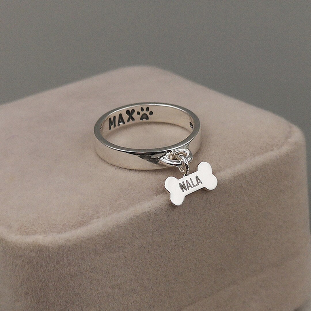 Custom Dog Bone Dangle Ring Silver Dog Bone Ring Pet Name Rings