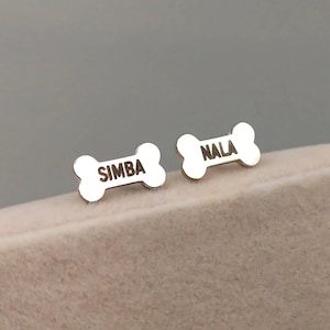 Dog Bone Earrings Sterling Silver, Gold Plated - Free Engraving - Push/Screw Backs - Sleek/Satin Finish - Dog Lover Gift - Dog Bone Theme