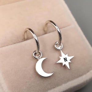 Moon and North Star Earrings Sterling Silver, Gold • Free Initial Engraving • Multi-Hoop Sizes • Sleek or Satin Finish • Celestial Jewelry