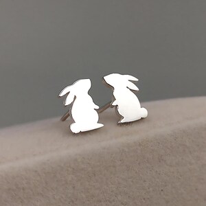 Rabbit Earrings Sterling Silver, Gold •  Free Engraving • Push or Screw Back Earrings •  Sleek or Satin Finish • Rabbit Gifts