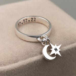 Moon And Star Dangle Ring Sterling Silver • Moon Star Ring • Personalized Ring • Celestial Jewelry • Personalized Jewelry