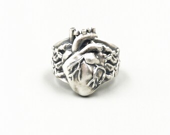 Anatomical Heart Ring Silver Unique Mens Ring Human Heart Ring Anatomy Heart Ring Wide Band Rings Engagement Rings Heart Jewelry