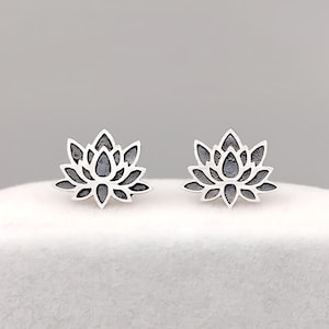 Lotus Flower Stud Earrings Sterling Silver - Boho Jewelry - Oxidized Nature Inspired Gift - Push or Screw Back - Hypoallergenic for Women