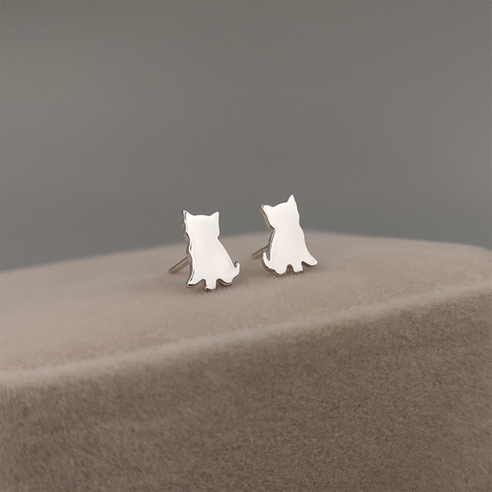 Initial Cat Earrings Silver, Gold Cat Earrings Cute Cat Earrings Animal
