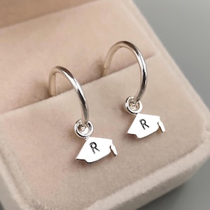Graduation Cap Earrings Sterling Silver, Gold • Free Initial Engraving • Multi-Hoop Sizes • Sleek or Satin Finish • Graduation Gifts