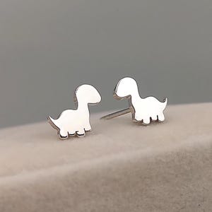 Brachiosaurus Dinosaur Earrings Sterling Silver, Gold • Free Initial Engraving • Push Back or Screw Back Closure • Sleek or Satin Finish