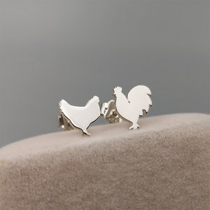 Personalized Initial Rooster and Hen Stud Earrings Sterling Silver, Gold • Sleek, Satin Handcrafted Farm Animal Jewelry By CFJewelryCrafts