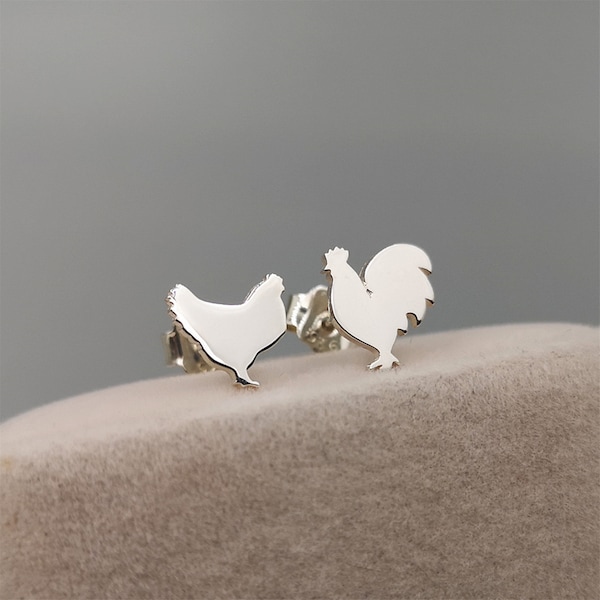Personalized Initial Rooster and Hen Stud Earrings Sterling Silver, Gold • Sleek, Satin Handcrafted Farm Animal Jewelry By CFJewelryCrafts