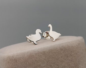 Mismatched Duck And Goose Stud Earrings Sterling Silver, Gold • Personalized Initial Earrings By CFJewelryCrafts • Sleek or Satin Finish