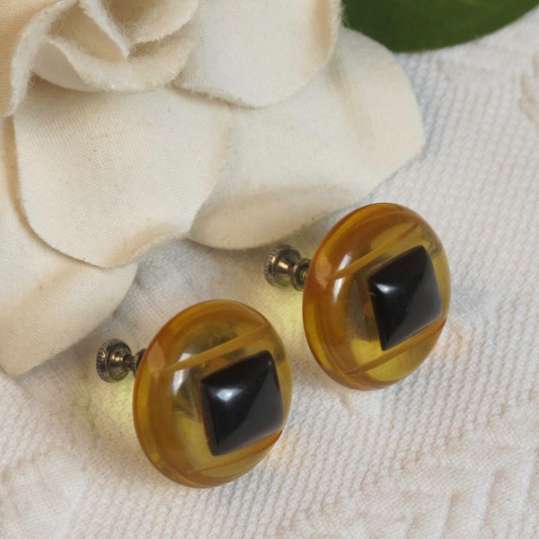 Earrings Bakelite 2-Tone Apple Juice & Black Squares Screw Back Style Vintage c.1940's Early Plastic Jewelry 40's Fashion