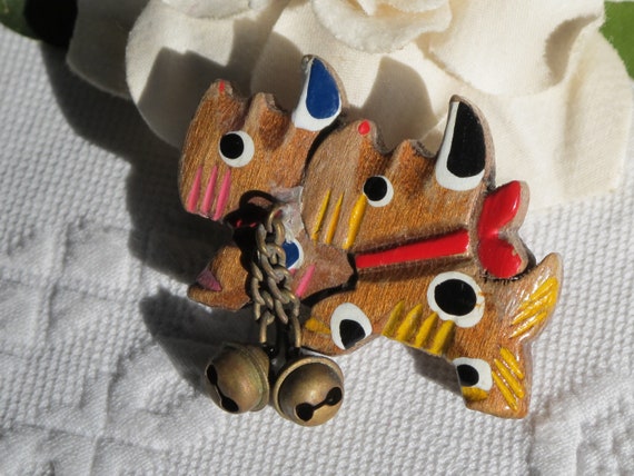 Brooch Pin Hand Carved & Painted Wood Scottie Dog… - image 3