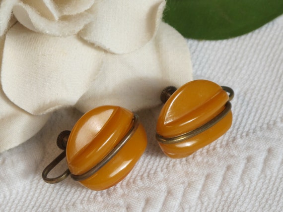 Earrings Bakelite Yellow Butterscotch Toned Brass… - image 2