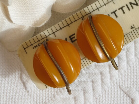 Earrings Bakelite Yellow Butterscotch Toned Brass… - image 7