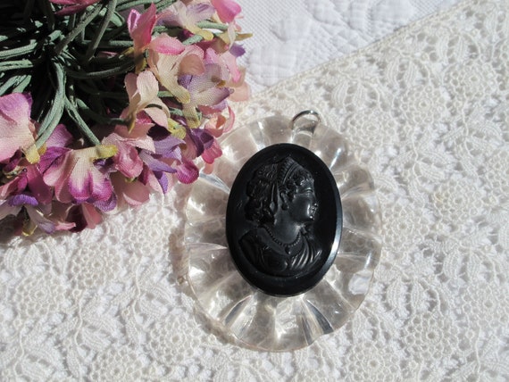 Pendant for Necklace Large Clear Carved Lucite Ov… - image 2