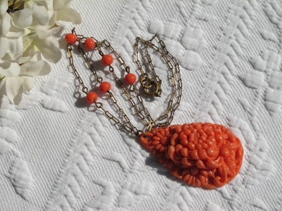 Necklace Pendant Intricately Molded Floral Coral … - image 4