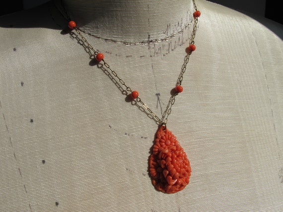 Necklace Pendant Intricately Molded Floral Coral … - image 1
