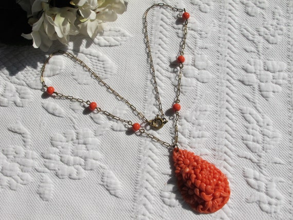 Necklace Pendant Intricately Molded Floral Coral … - image 3
