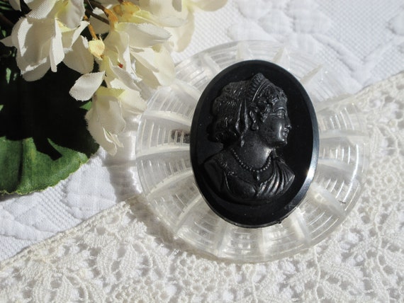 Brooch Pin Large Round Carved Clear Lucite with B… - image 1