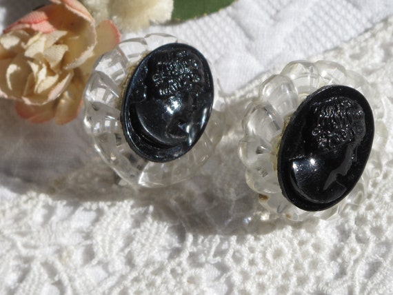 Earrings Round Carved Clear Lucite with Black Pla… - image 1