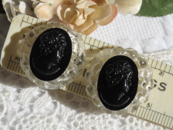 Earrings Round Carved Clear Lucite with Black Pla… - image 3