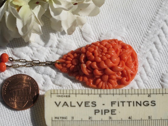 Necklace Pendant Intricately Molded Floral Coral … - image 8