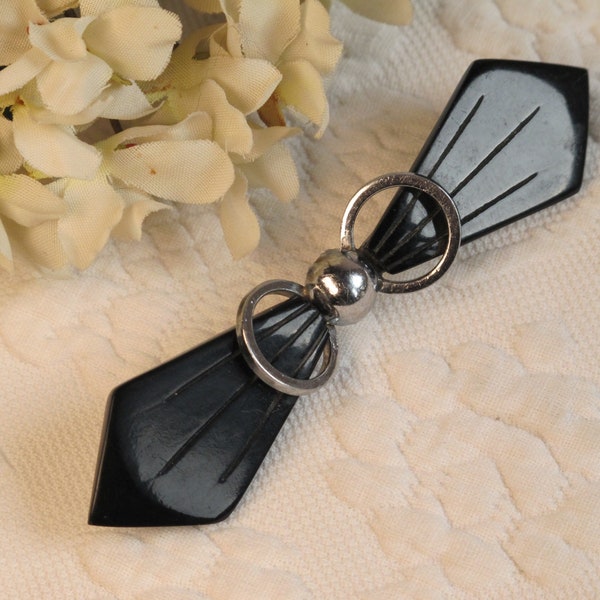 Brooch Pin Art Deco Style Vintage c.1930's 30's Bow Design Black Plastic & Silver Tone Metal Possibly Bakelite