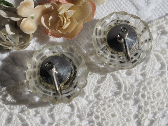 Earrings Round Carved Clear Lucite with Black Pla… - image 5