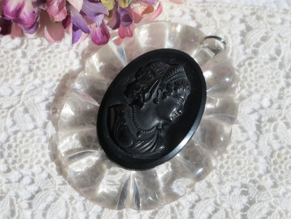 Pendant for Necklace Large Clear Carved Lucite Ov… - image 1